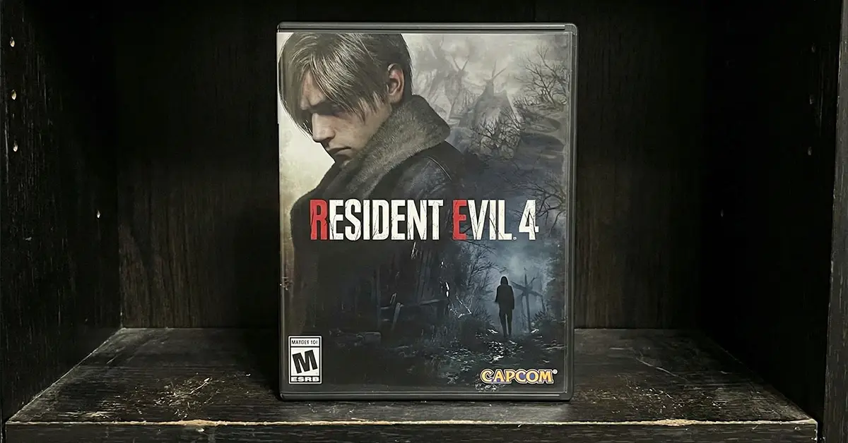 Resident Evil 4 Nintendo Switch -pelin kansikuva, esittäen Leonin ja pelin kauhuteemaisia elementtejä.