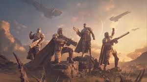 Kuvassa näkyy Warframe-peli, jossa pelaajat taistelevat avaruusolentoja vastaan futuristisessa ympäristössä.