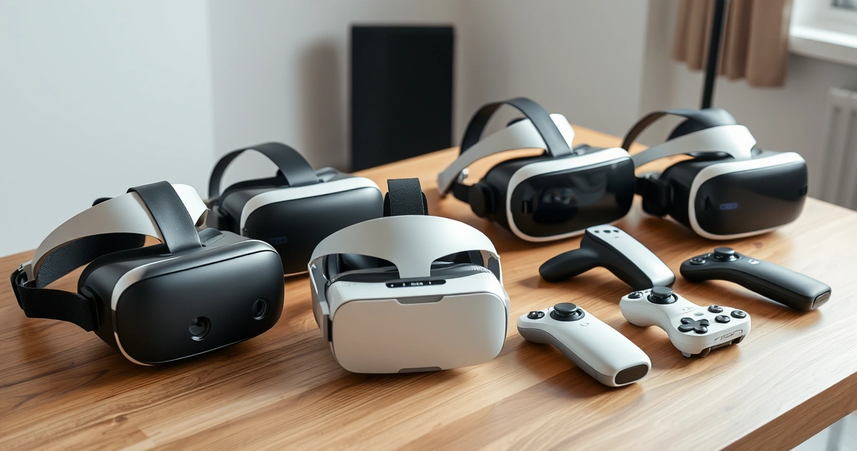 Useita erilaisia VR-laseja ja ohjaimia esillä pöydällä