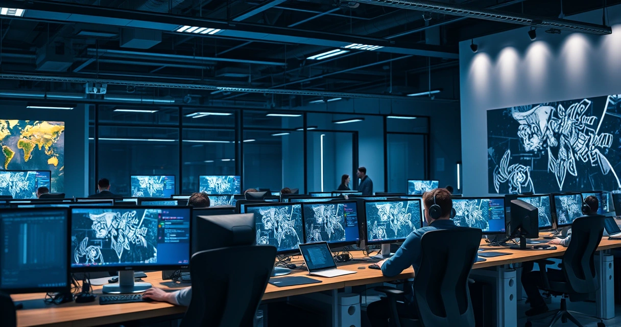AAA-pelistudio suurella tiimillä modernissa toimistossa
