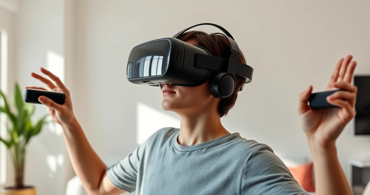 Pelaaja käyttää langatonta VR-laitetta ja ohjaimia olohuoneessa