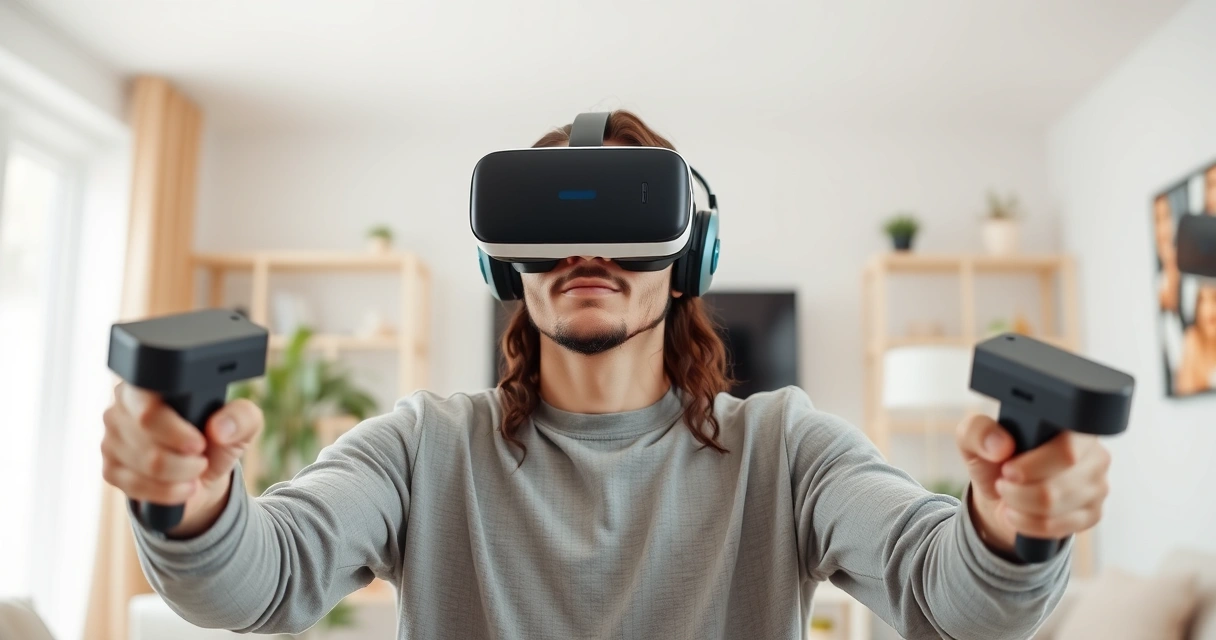 Henkilö pelaa langattomilla VR-laseilla olohuoneessa ohjaimet käsissään