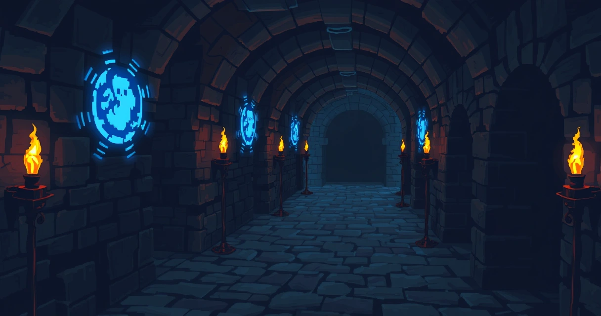 Hämärä vankityrmäkäytävä Dead Cells -pelin pikselityyliä mukaillen, soihtujen valaisemana