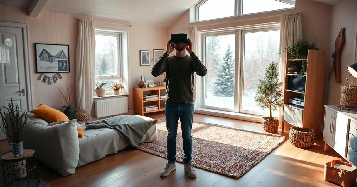 Pelaaja VR-laseissa pohjoismaisessa kodissa raivatulla pelialueella