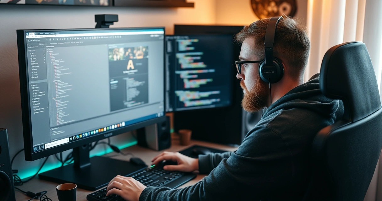 Indie-pelikehittäjä työskentelee tietokoneella