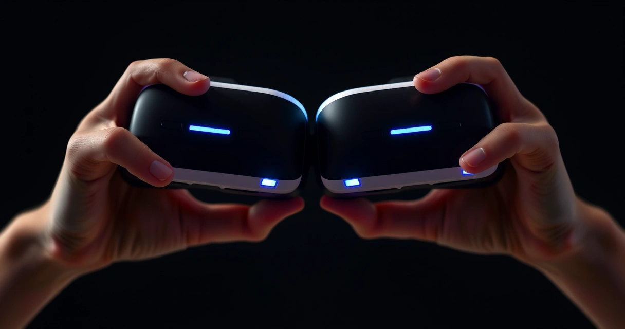 VR-ohjaimet kahdessa kädessä lähikuvassa sinisin merkkivaloin