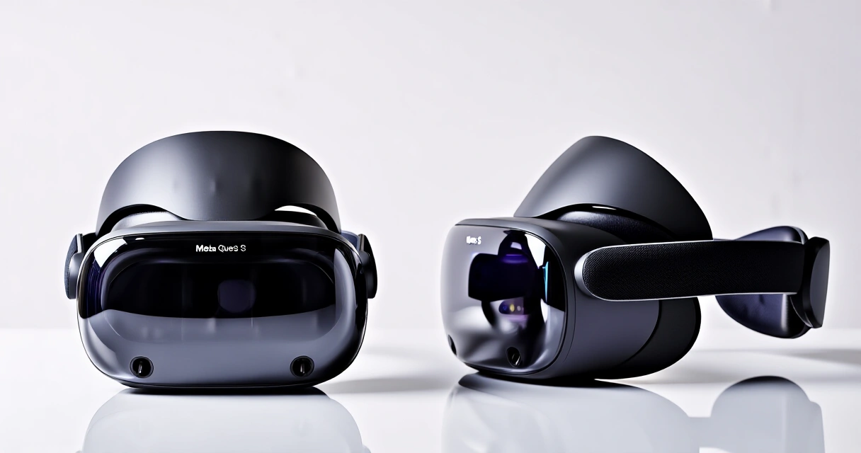 Meta Quest 3S VR-lasit edestä ja sivusta kuvattuna
