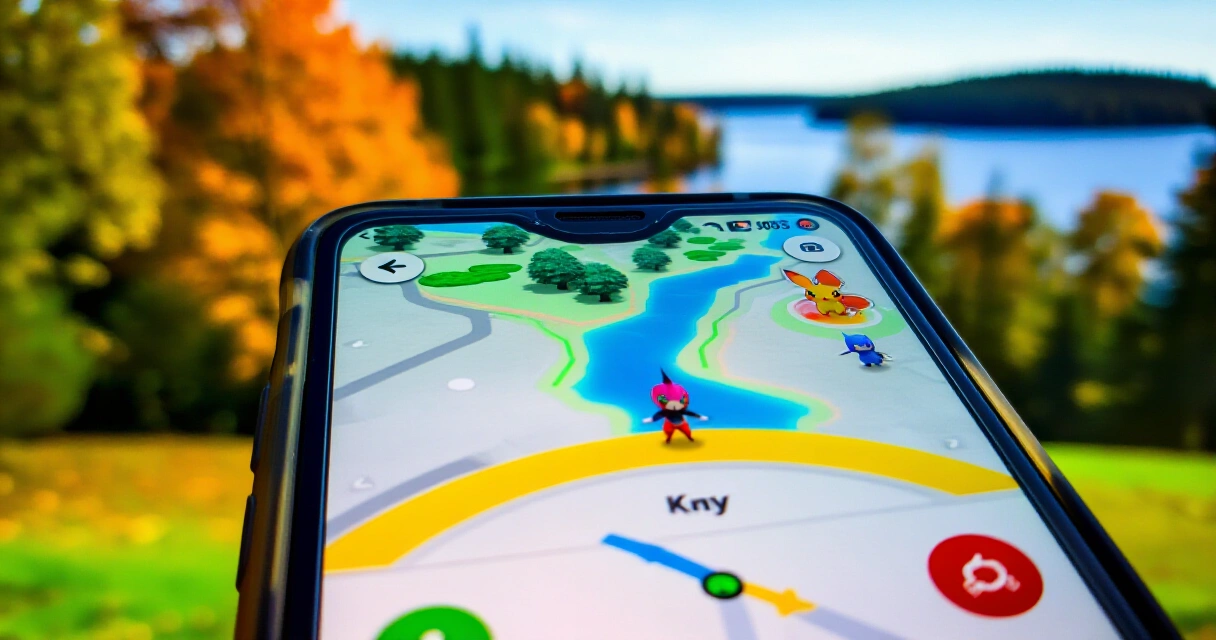 Pokémon GO -karttanäkymä suomalaisessa puistossa syksyllä