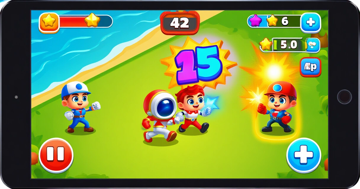 Brawl Stars pelattuna tabletilla, värikäs ja sarjakuvamainen pelityyli