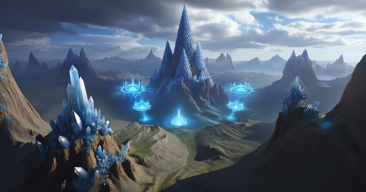 Age of Wonders 4 -tyyppinen fantasiamaailma kristallimuodostelmineen lintuperspektiivistä