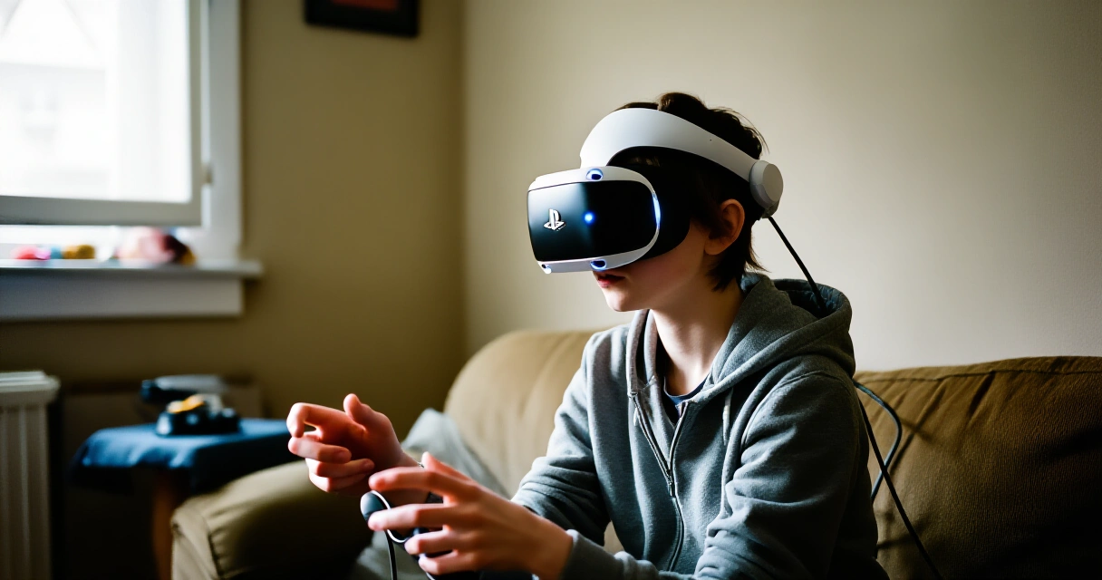 Henkilö pelaa PlayStation VR2 -kuulokkeilla olohuoneessa