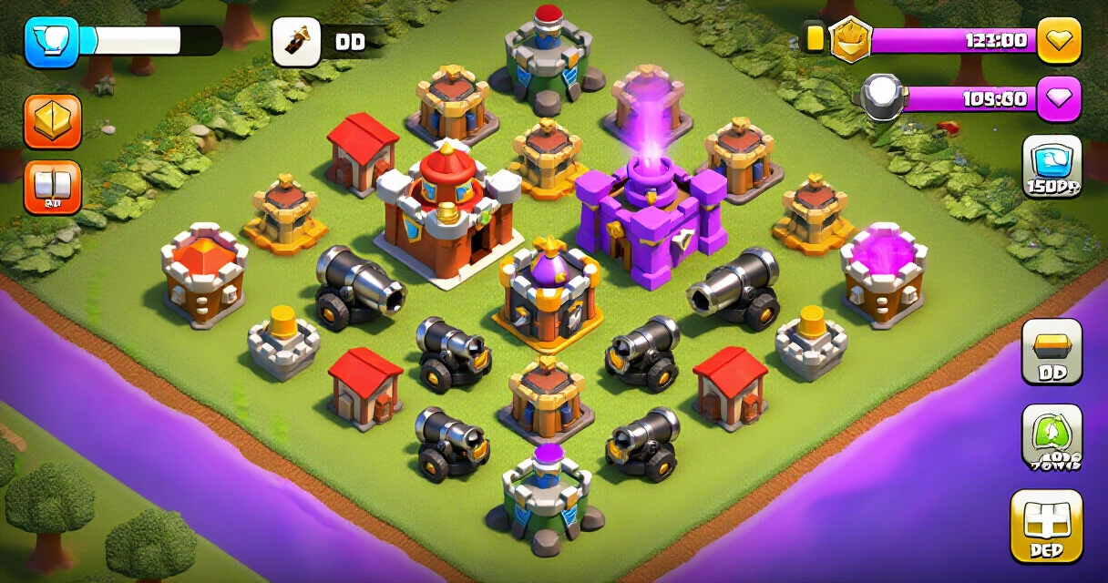 Clash of Clans -kylä ylhäältä kuvattuna mobiilipelin ruudulla