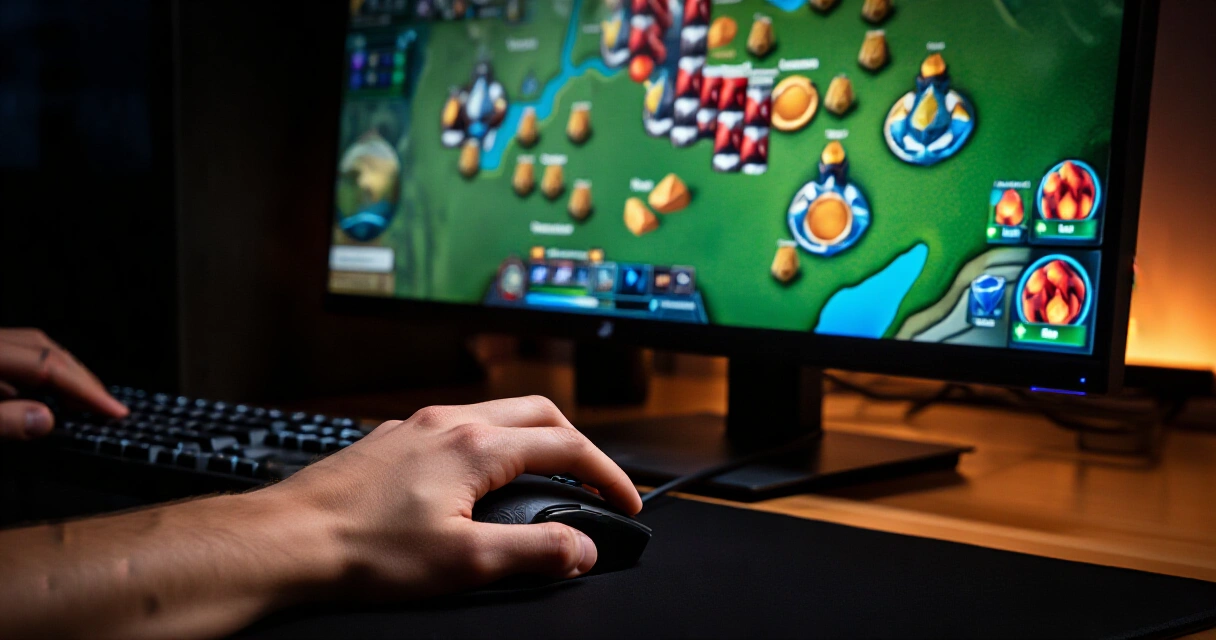 Pelaajan kädet näppäimistöllä ja hiirellä co-op strategiapelisession aikana