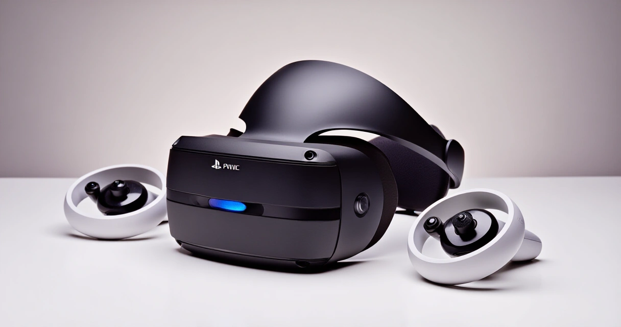 PlayStation VR2 -kuulokkeet ja Sense-ohjaimet valkoisella alustalla