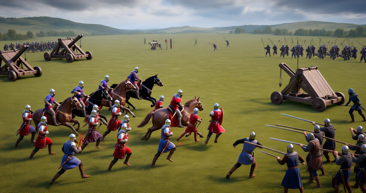 Age of Empires IV: kaksi keskiaikaista armeijaa taistelussa, ratsuväki ja piirityslaitteita