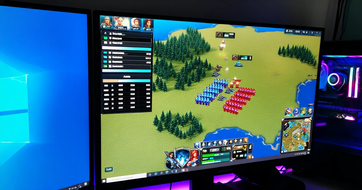 RTS-peli näytöllä, pelilauta täynnä yksiköitä ja resurssimittareita