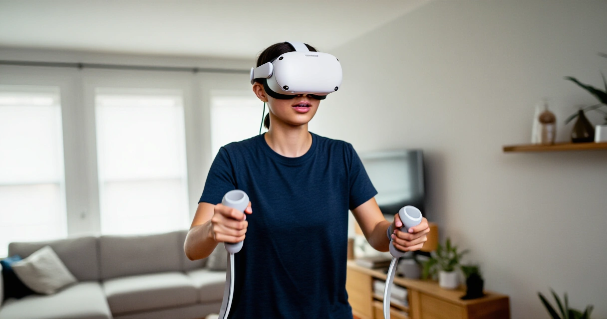 Henkilö pelaa VR-peliä Meta Quest -lasit päässä valoisassa olohuoneessa