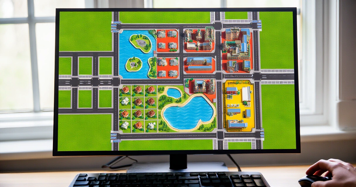 Lähikuva strategiapelin kaupunkirakentamisnäkymästä tietokoneen näytöllä