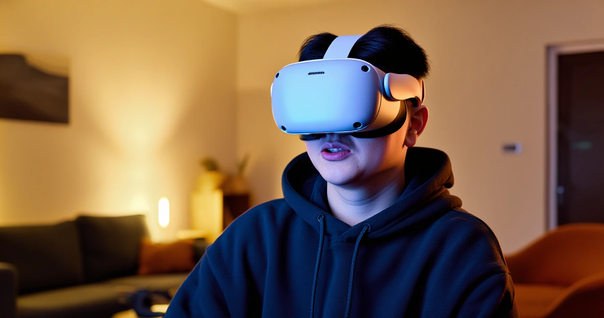 Henkilö pitää VR-laseja päässä ja näyttää pahoinvoivalta VR-pelaamisen aikana