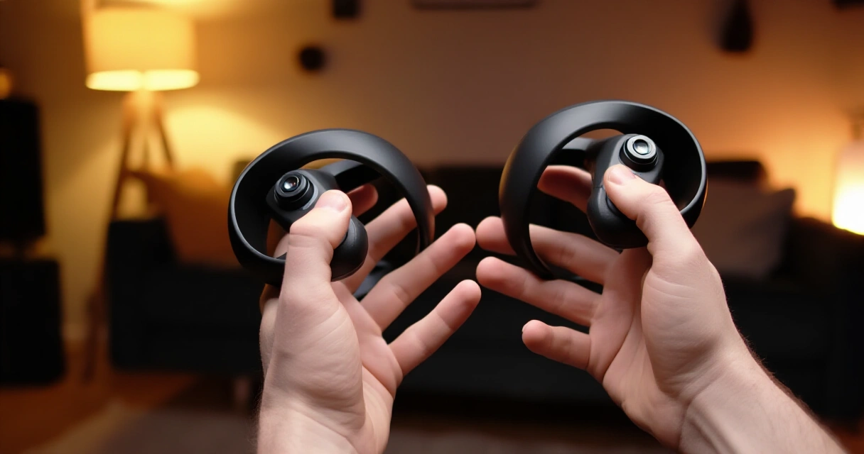 Kädet pitävät Valve Index Knuckles -ohjaimia, sormet levitettyinä osoittaen sormenseurantaa