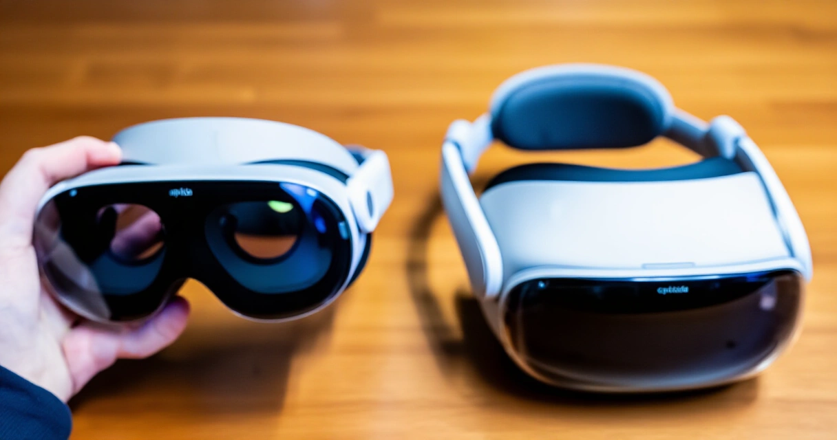 Apple Vision Pro ja Meta Quest 3 rinnakkain vertailussa pöydällä