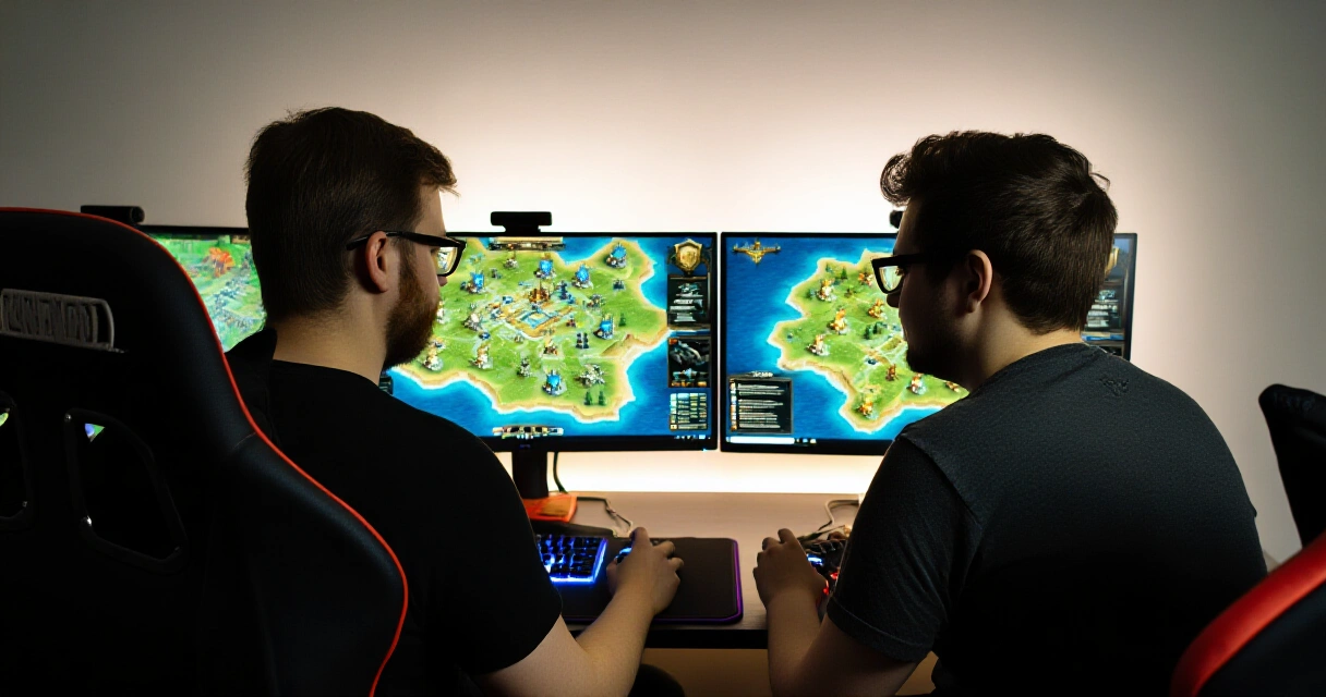 Kaksi pelaajaa pelaa co-op strategiapeliä vierekkäin tietokoneilla