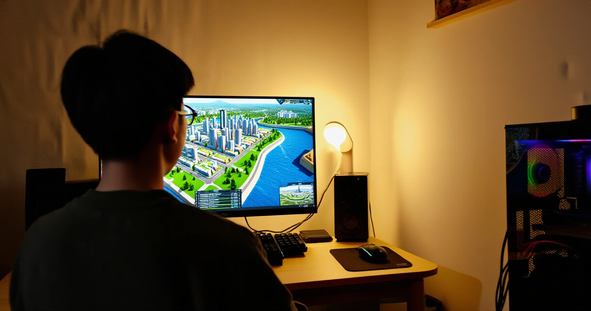 Pelaaja rakentaa virtuaalikaupunkia tietokoneella simulaatiopelissä