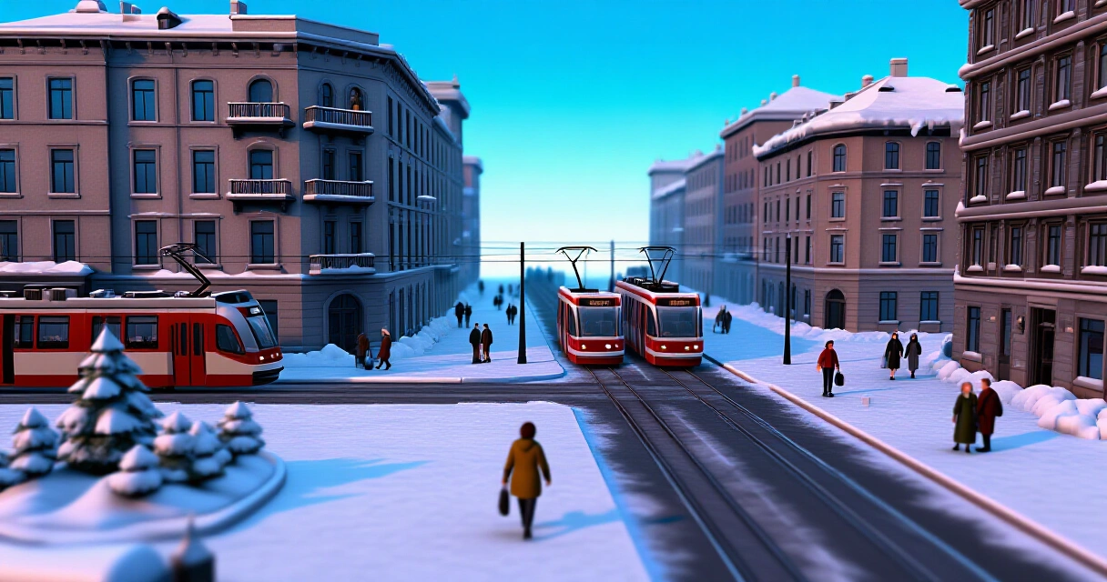 Cities Skylines 2 talvikaupunki – luminen kadunäkymä raitiovaunuineen