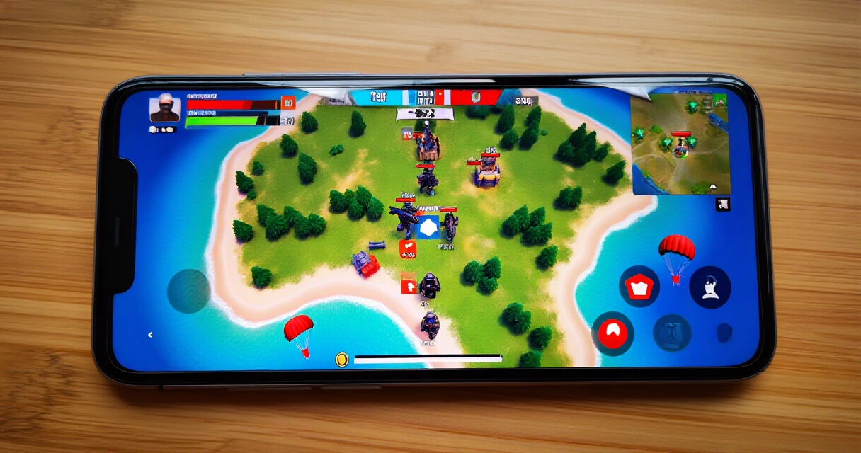 PUBG Mobile -peli puhelimen näytöllä saarimaisemassa laskuvarjojen kanssa