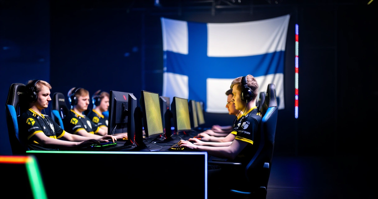 Suomalainen esports-areena, pelaajia kilpailemassa tietokoneilla ammattiturnauksen tunnelmassa