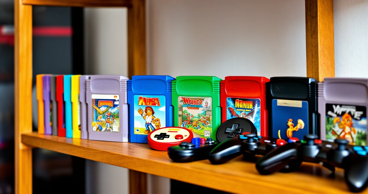 Retropelikokoelma: vanhoja pelikasetteja ja klassisia ohjaimia puuhyllyllä