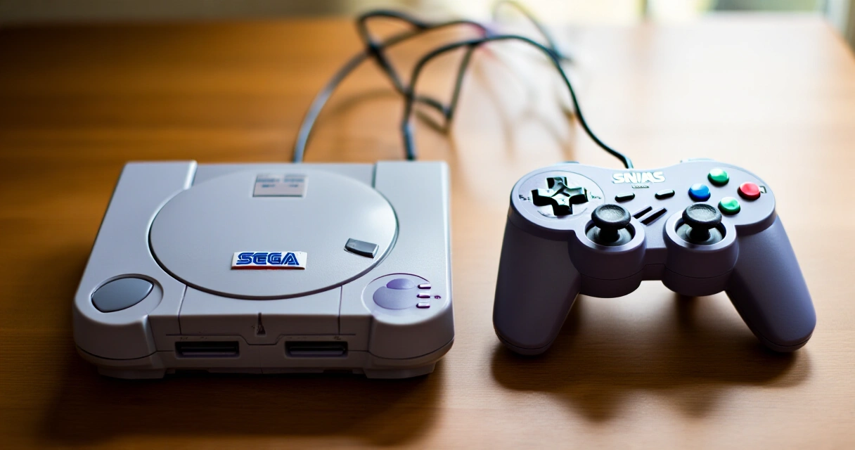SNES ja Sega Mega Drive vierekkäin puupinnalla retro-pelikonsoleja vertailemassa