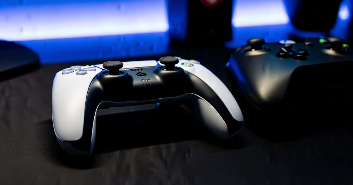 Sony DualSense ja Xbox langaton ohjain vierekkäin pelipöydällä
