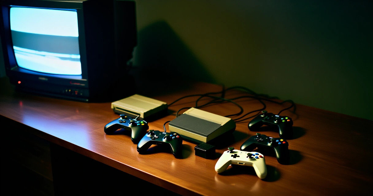 Retropelikonsoleita ja pelikaseteja vanhalla puupöydällä, taustalla hehkuva CRT-monitori