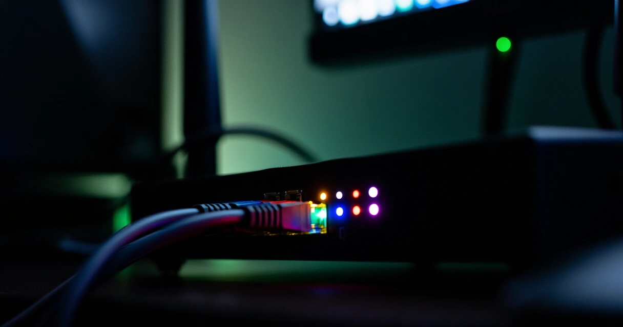 Pelireitin Ethernet-kaapelit ja LED-valot pimeässä huoneessa