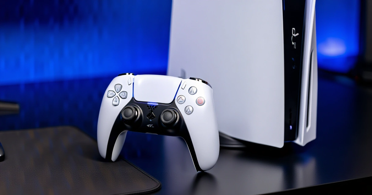 Sony DualSense -ohjain PlayStation 5 -konsolin vieressä tummalla pelipöydällä