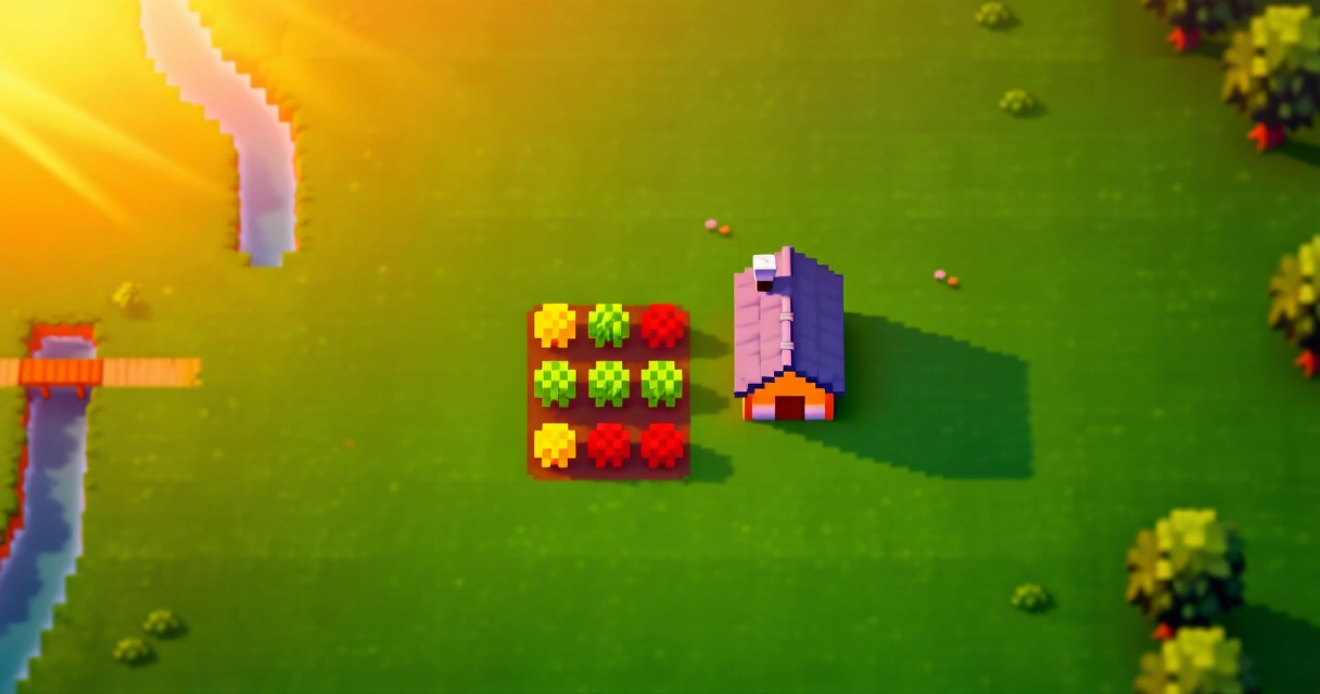 Stardew Valley -tyylinen pikselimaatila auringonnousun väreihin värjättynä