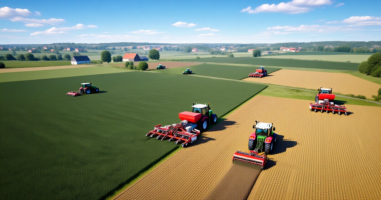 Laaja maatilannäkymä useilla traktoreilla Farming Simulator 25:ssä
