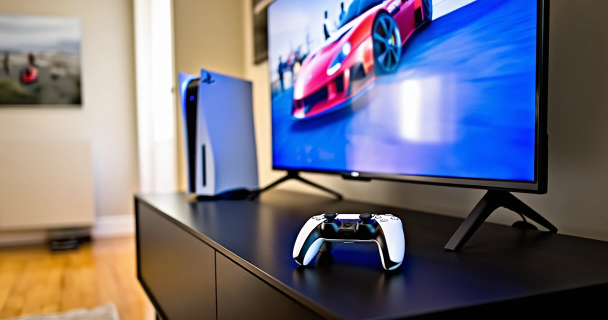 PlayStation 5 -konsoli olohuoneessa simulaatiopeli näytöllä
