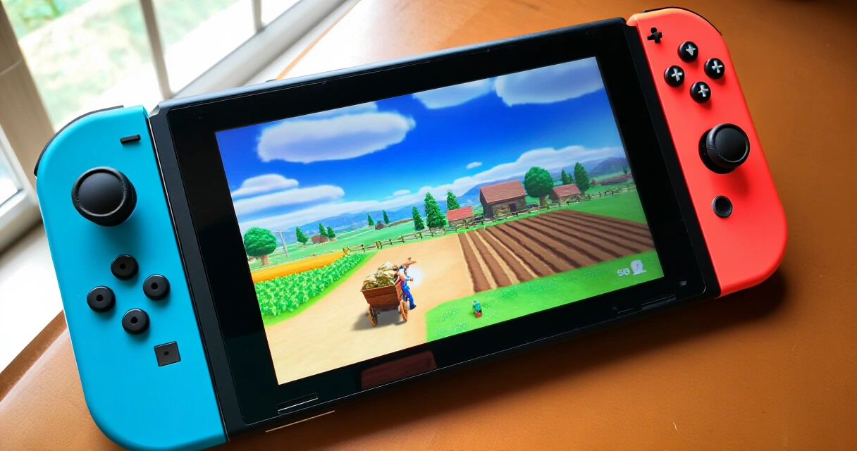Nintendo Switch ja maatilapeli pöydällä luonnonvalossa