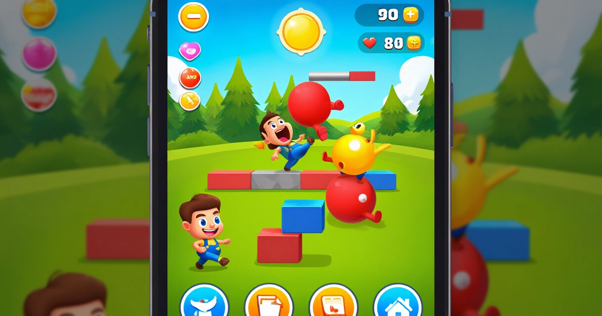 Stumble Guys -peli mobiililaitteella, hahmot kompuroivat estekenttien läpi