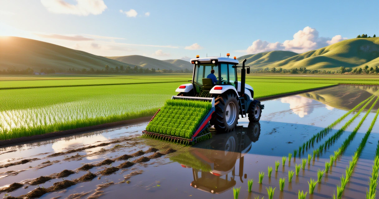 Traktori korjaa riisisatoa vesipaddelilla Farming Simulator 25:ssä
