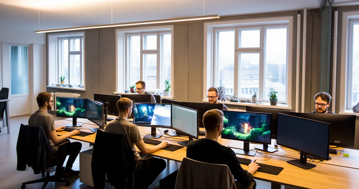 Moderni suomalainen pelikehitysstudio – ohjelmoijat ja taiteilijat työskentelevät avotoimistossa