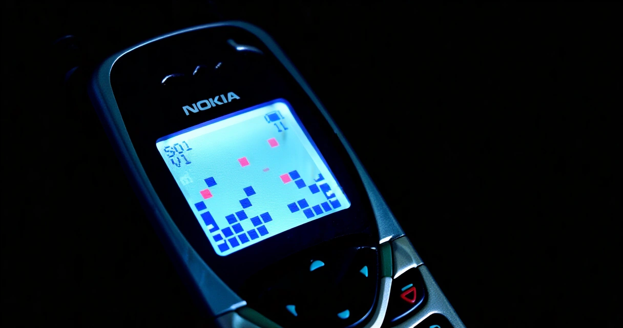 Vanha Nokia-puhelin näyttää Snake-pelin pikselöidyllä näytöllä 1990-luvulla
