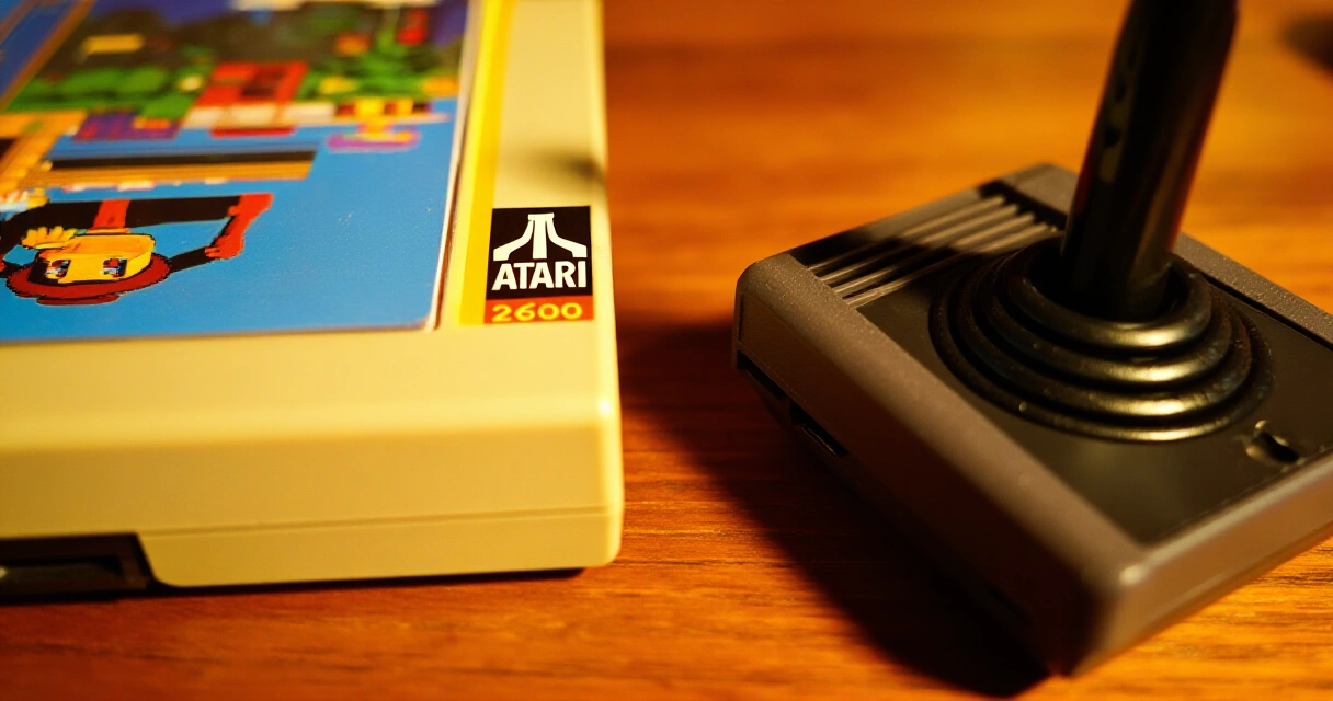 Atari 2600 -pelikasetti ja ohjaussauva puupöydällä, retrotyylinen valokuva
