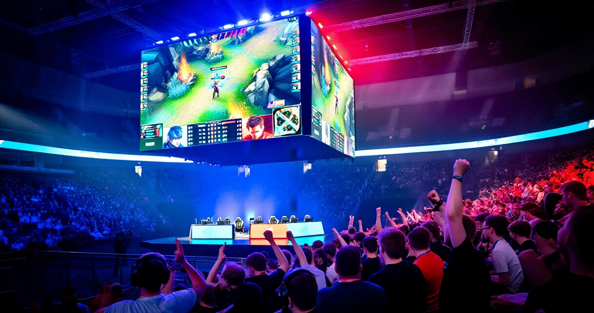 Esports-turnausareena suurilla näytöillä ja yleisöllä tunnelmallisessa valaistuksessa