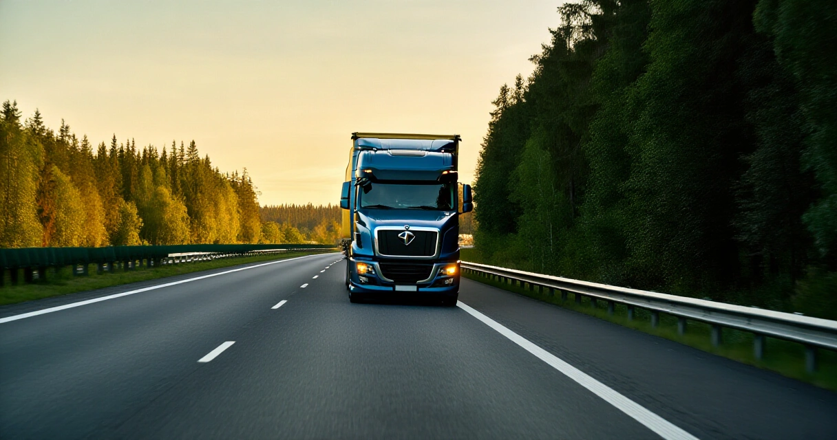 Rekka-auto ajaa skandinaavisella metsätiellä Euro Truck Simulator 2 -pelissä