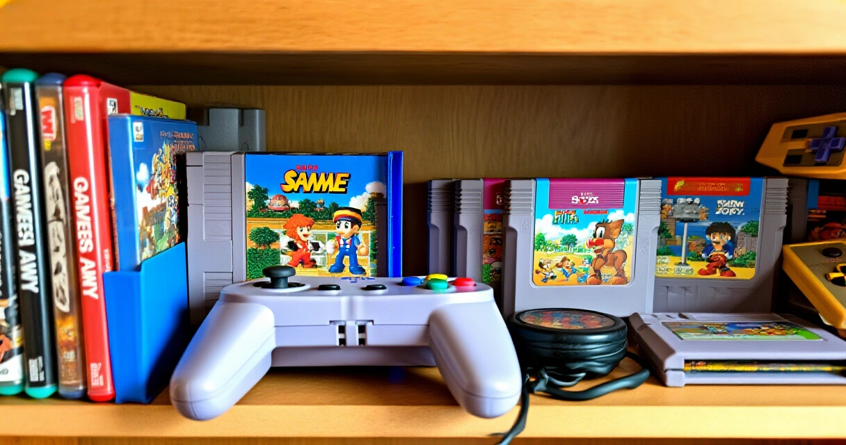 Retropelikasetteja ja ohjaimia hyllyllä – NES, SNES ja Game Boy -klassikkoja
