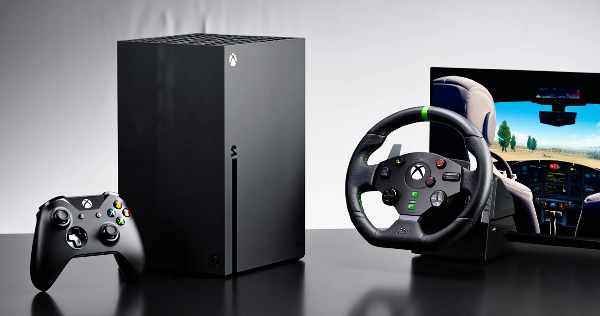 Xbox Series X -konsoli rattiohjaimen kanssa lentosimulaattori taustalla