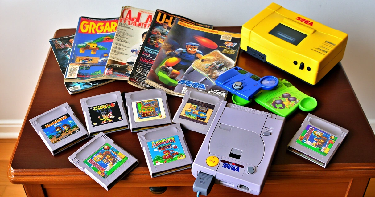 SNES- ja Mega Drive -pelikasetit levitettynä pöydälle retropeliaikakauslehtien kanssa